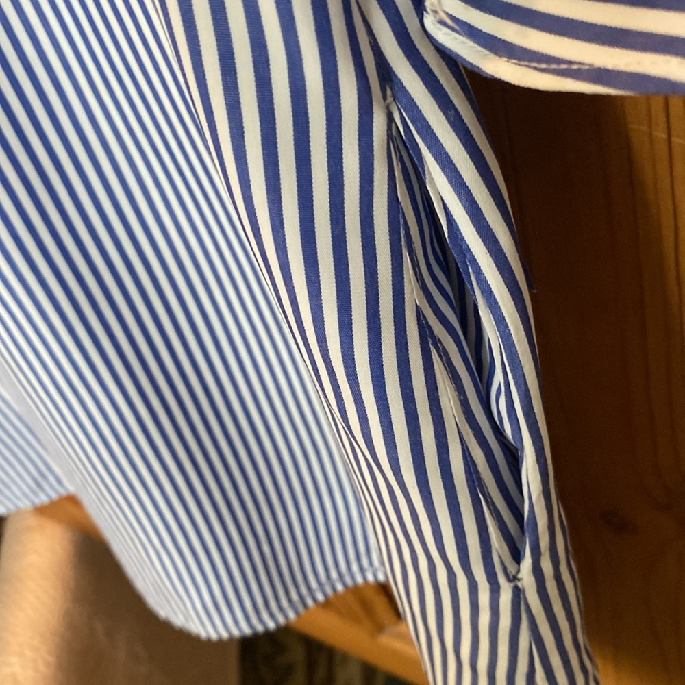 DO+BE Women’s Blue/White Pin Striped 3/4 Bell Sleeve Mini Dress. Size M - Picture 3 of 7